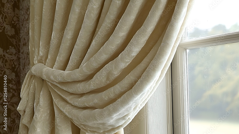 Poster elegant beige curtains draping softly around a window, creating an inviting indoor atmosphere with n