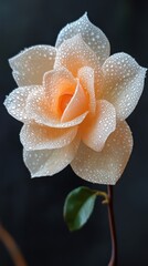 Beautiful orange rose covered in sparkling droplets on a dark background during a calm morning
