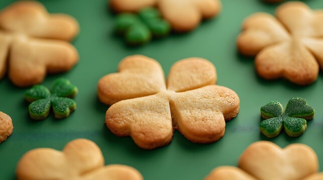 Shamrock-shaped cookies with green decorations arranged on a vibrant green background for a festive celebration for St. Patrick's Day