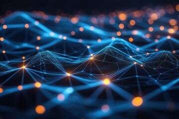 Glowing digital network landscape; abstract data visualization; tech background; website banner