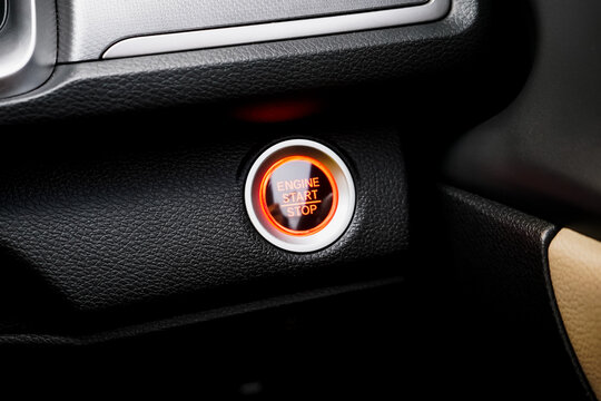 Close up engine car start button. Start stop engine modern new car button,Makes it easy to turn your auto mobile on and off. a key fob unique ,selective focus