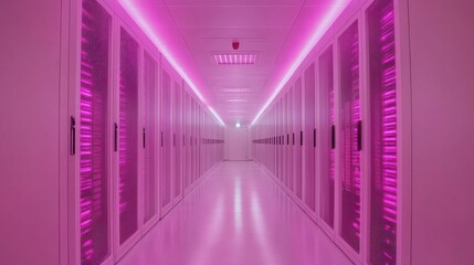 Pink-lit server room corridor; data center infrastructure; technology background; website banner
