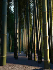 A tranquil evening scene of Kyoto's Arashiyama Bamboo Grove with sunlight filtering through the tall bamboo stalks
