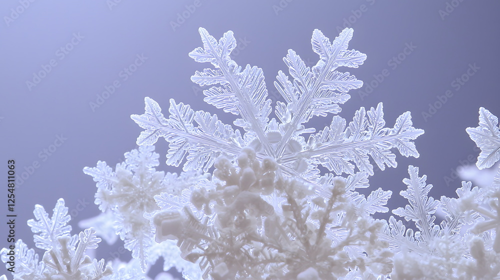 Poster Delicate snowflakes resting on a smooth surface with a soft blue background highlighting their intricate patterns.