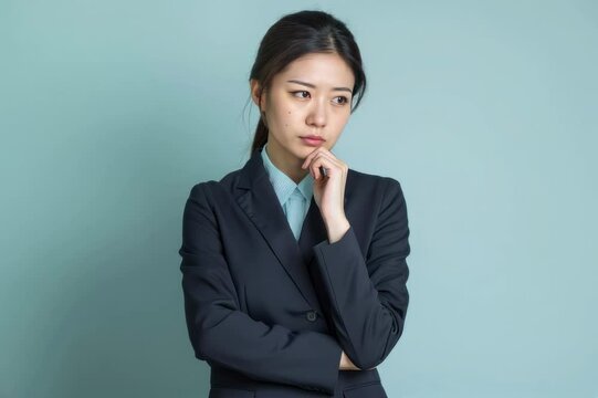 考えている日本人の女性会社員の写真（白背景・会社員・スーツ・OL・疑問・なぜ・不明・案内）