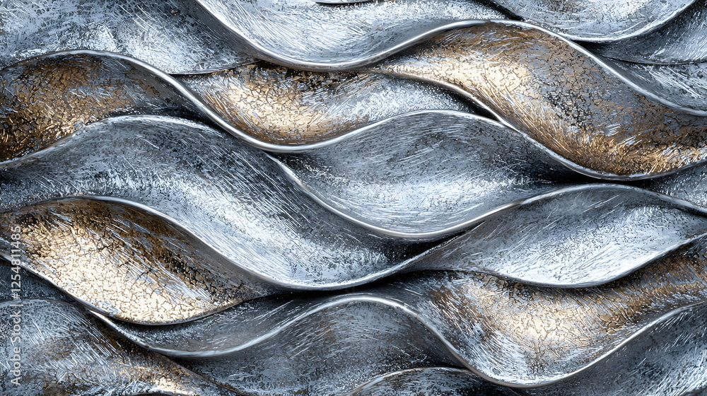 Poster flowing metallic waves with textures and highlights in silver and gold tones, creating an abstract a