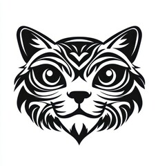 Black and white stylized cat head illustration, intricate patterns on the fur, large expressive eyes, simple facial features