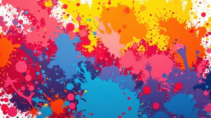 Vibrant multicoloured splatter bursts in vivid hues&mdash;red, orange, yellow, pink, blue&mdash;creating an intense close-up explosion of color