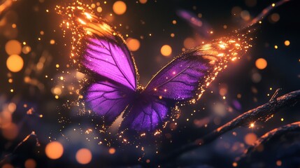 Magical purple butterfly sparkles, night forest, fantasy art, design element