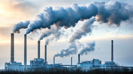 Industrial pollution plumes at sunset, factory complex