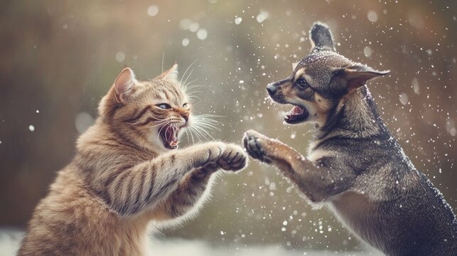 Playful cat and dog fight outdoors in snowy autumn
