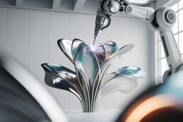 A robotic arm precisely welds a metallic flower sculpture, showcasing advanced manufacturing and...