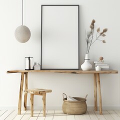 A wooden console table with a black framed poster. a wicker basket. a stool. and a vase with dried flowers against a white wall