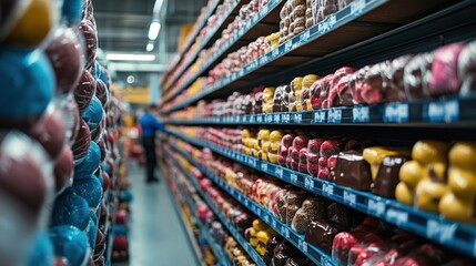 Fototapeta premium Colorful yarn aisle, warehouse, retail worker, bulk storage