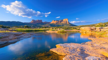 Calm river reflecting sandstone cliffs under a sunny sky