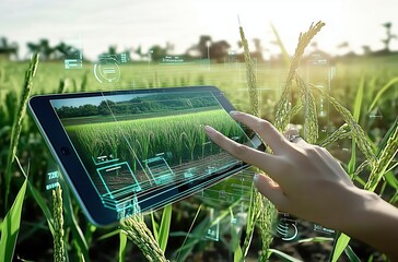 Innovative Farmer Using Tablet to Monitor Rice Crop Growth in Lush Green Paddy Field
