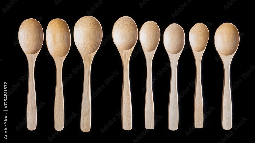 Poster A stunning array of handcrafted wooden spoons is displayed in perfect alignment. Each spoon showcases unique grain patterns and a warm finish, enhancing the beauty of natural materials