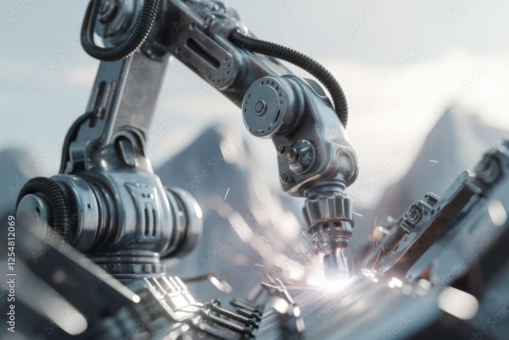 Poster a robotic arm performs precision welding on a metallic surface, showcasing advanced industrial autom