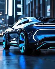 A high-tech autonomous electric vehicle parked in a neon-lit futuristic cityscape, showcasing the future of sustainable transportation, artificial intelligence, and advanced automotive design


