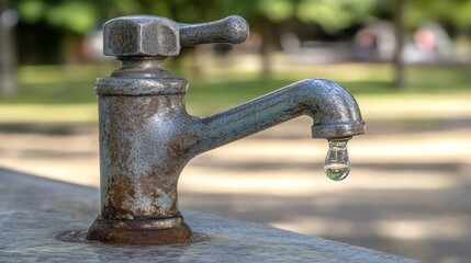 Rusty park faucet dripping, blurred background