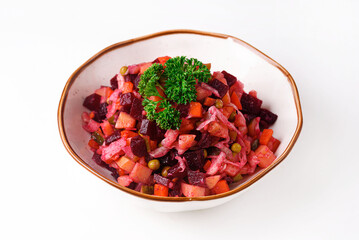 Vinaigrette is a salad of boiled vegetables. on a white background