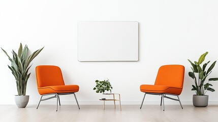 Modern minimalist living room with orange chairs, plants, and blank wall for decoration ideas