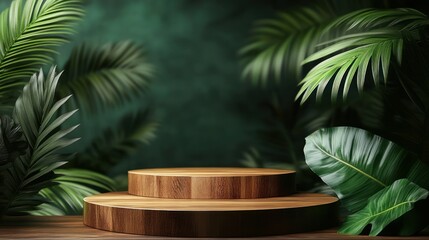 Tropical wooden podium, jungle backdrop, product display