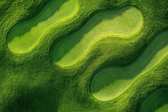 Aerial view of undulating golf course greens.