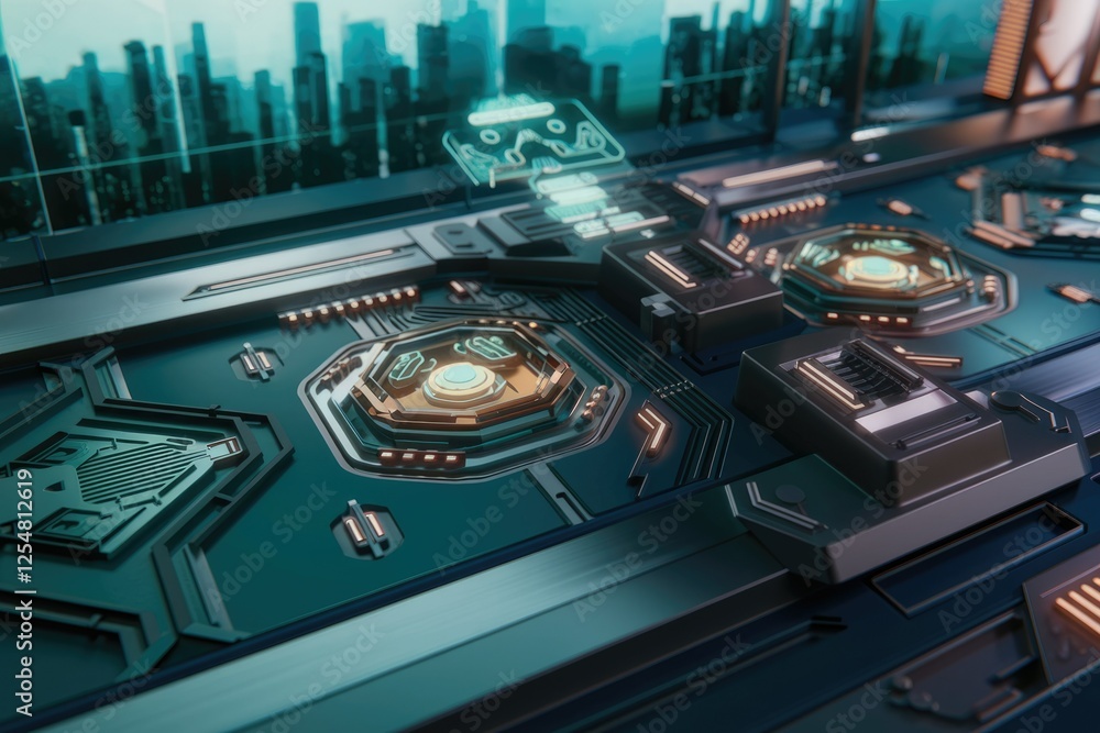 Poster Futuristic cyberpunk city scene with a technological interface showcasing advanced circuitry and a holographic robot.