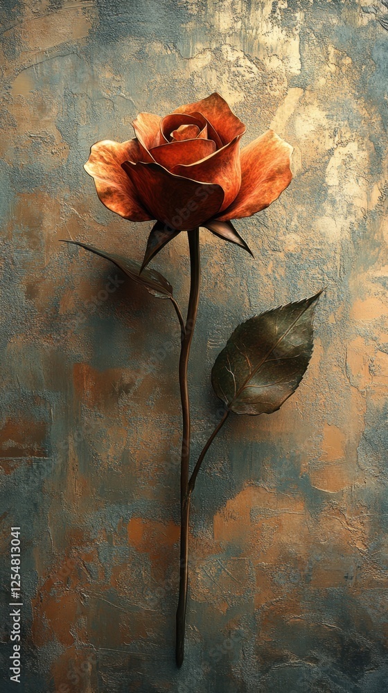 Poster artistic depiction of a unique rose against a textured background in warm hues creating a captivatin