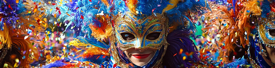 A person wearing a vibrant feathered mask is surrounded by colorful confetti. Concept of festive celebration. For carnival advertising.