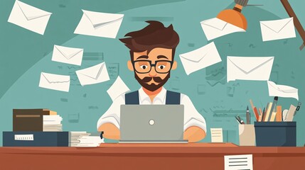 Male Professional Working at a Desk Surrounded by Floating Envelopes with a Laptop, Organized Workspace, Creative Office Atmosphere, Concept of Modern Work Life