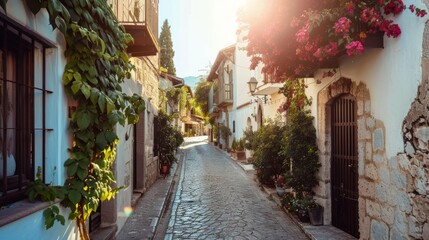 A street with small old houses with flowers	
