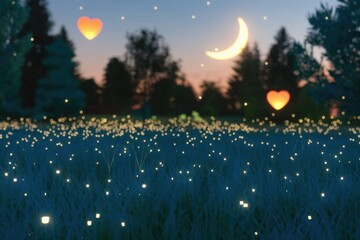 Obraz premium Glowing fireflies illuminate a serene night field under a crescent moon and floating hearts.