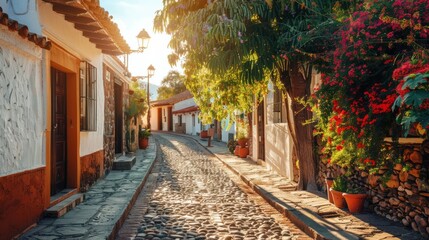 Obraz premium A street with small old houses with flowers 