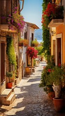 Fototapeta premium A street with small old houses with flowers 