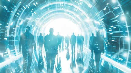 Stock Illustration of Bridge Connecting Diverse People Toward a Bright Horizon in Futuristic Silver and Electric Blue, 