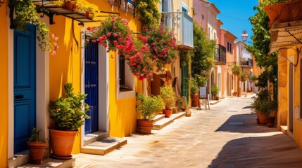 Fototapeta premium A street with small old houses with flowers 
