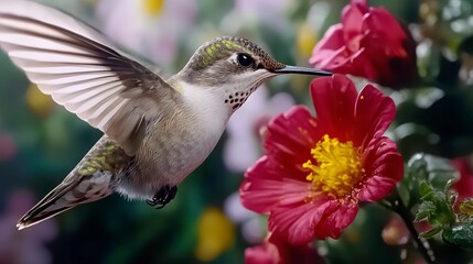 Fototapeta premium Hummingbird in flight, feeding from a vibrant red flower, detailed plumage and wings, blurred background of colorful flowers, nature, wildlife, close