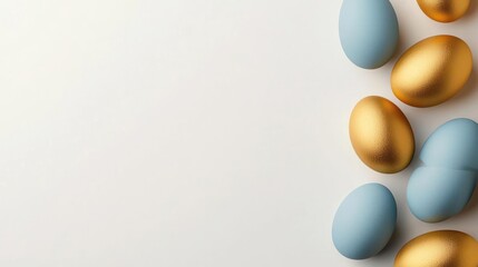 Gold and Blue Easter Eggs on White Background