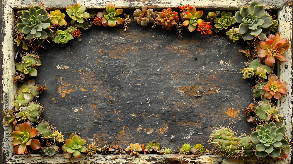 Poster succulent plants arranged in a decorative frame on a rustic background with various colors and textu