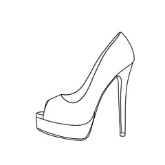 Technical sketch of women's platform stiletto heels shoes peep toe pumps line art, side view. Flat sketch vector. Isolated on a white background