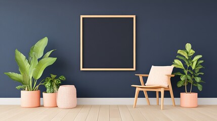 Modern interior design featuring a blank frame on a dark wall with potted plants and a chair