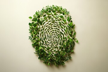 A fingerprint pattern made entirely of green leaves, representing environmental consciousness, sustainability, and the connection between identity and nature
