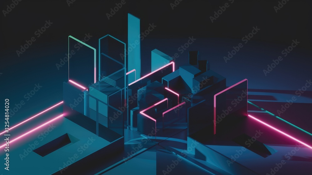Poster abstract 3d render of geometric shapes with vibrant neon lighting, creating a futuristic cityscape.