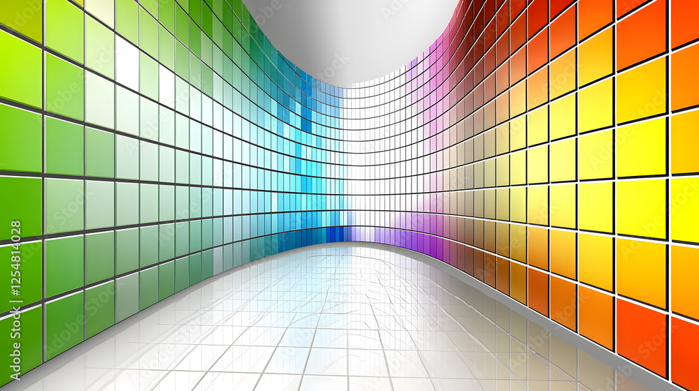 Poster vibrant color palette wall design with curved tile patterns creating an immersive visual experience 
