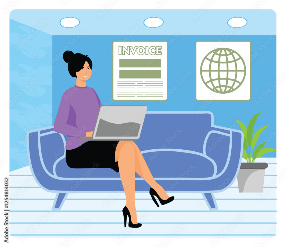 Aufkleber remote payroll. fill out an invoice using computer with woman sitting on a couch using a laptop.