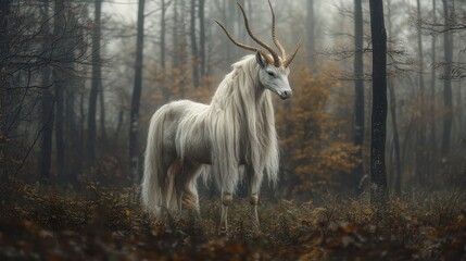 Obraz premium Majestic white horse with long flowing mane and antlers in a misty forest, autumnal colors in background, soft lighting, mystical aura, fantasy