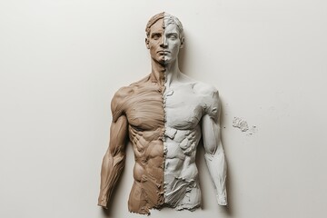 A sculpted male torso made of textured clay, split into two halves with contrasting brown and white tones, symbolizing duality, transformation, and human nature