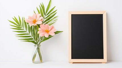 A serene arrangement of pink flowers and green leaves beside a blank wooden frame on a white background